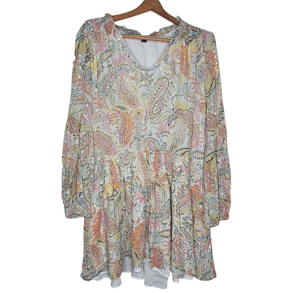 Boston Proper XL Paisley Metallic Fit & Flare Dress V-Neck Long Balloon Sleeve